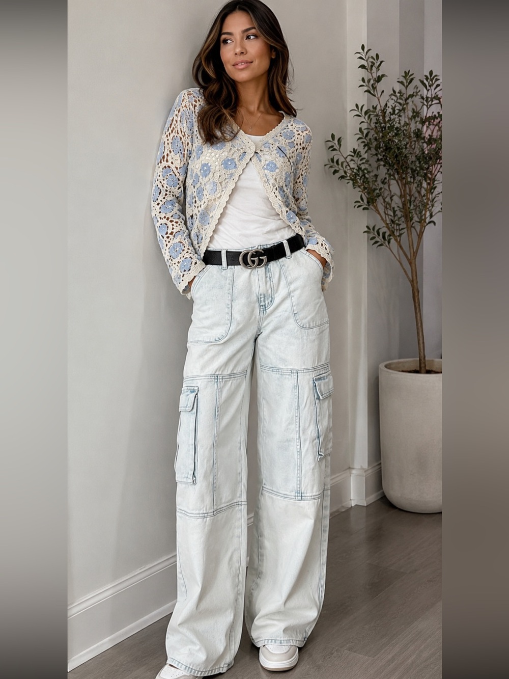 Wide leg Relax Fit Blue Washed Cargo Jeans